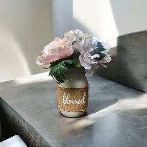 “Blessed” Rustic Cream Mason Jar with Pink and White Faux Flowers